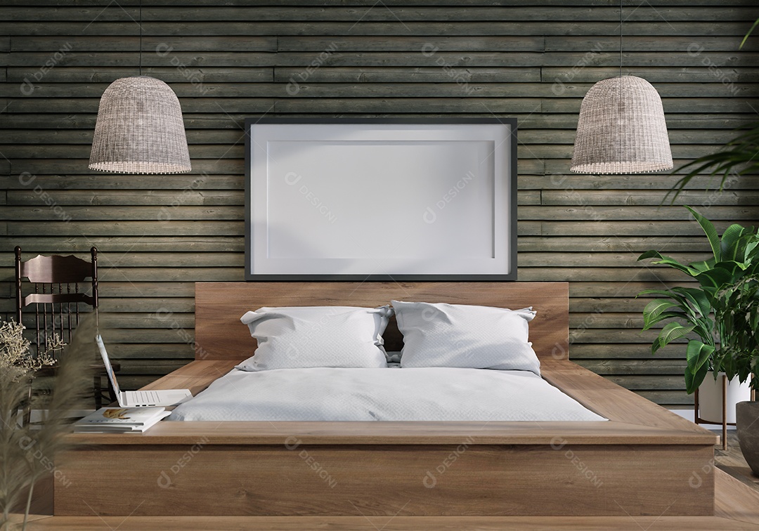 Molduras para fotos de maquete de ilustração 3D no camarim ou canto de vestir com espelho e holofotes em casa, interior de estilo escandinavo e decoração de móveis e confortáveis, renderização