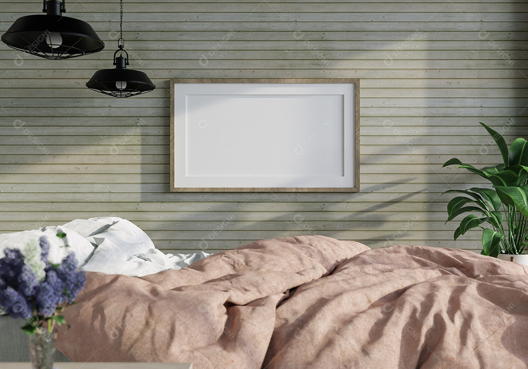 Ilustração 3D Mock up poster frame no interior do quarto, Decorado com móveis bonitos e confortáveis, Renderização