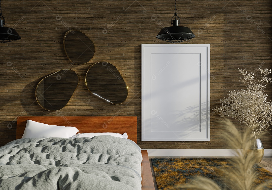 Ilustração 3D Mock up poster frame no interior do quarto, Decorado com móveis bonitos e confortáveis, Renderização