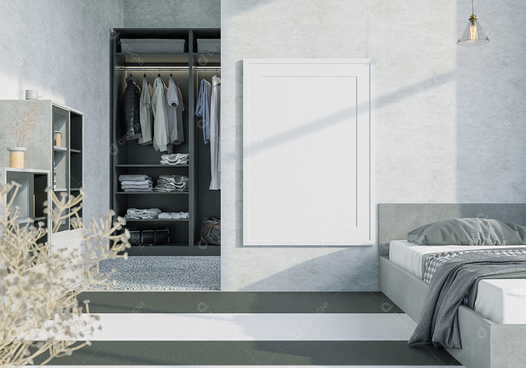 Molduras para fotos de maquete de ilustração 3D no camarim ou canto de vestir com guarda-roupa em casa, interior de estilo escandinavo e área de trabalho em segundo plano, renderização