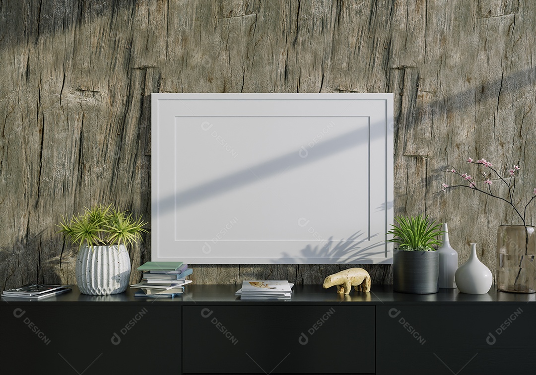 Placa em branco de maquete de ilustração 3D com moldura na parede da sala de estar, interior de estilo escandinavo com vaso de plantas e decoração natural, renderização
