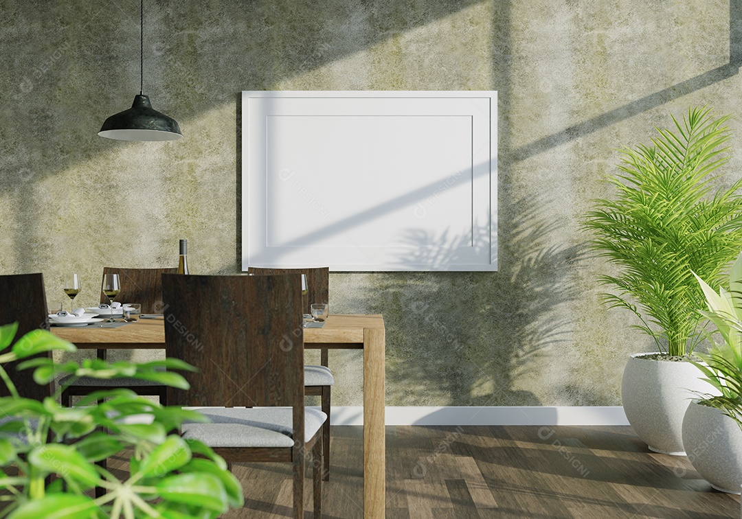 Placa grande de maquete de ilustração 3D com moldura na sala de jantar em casa ou restaurante, cores pastel interiores de estilo escandinavo