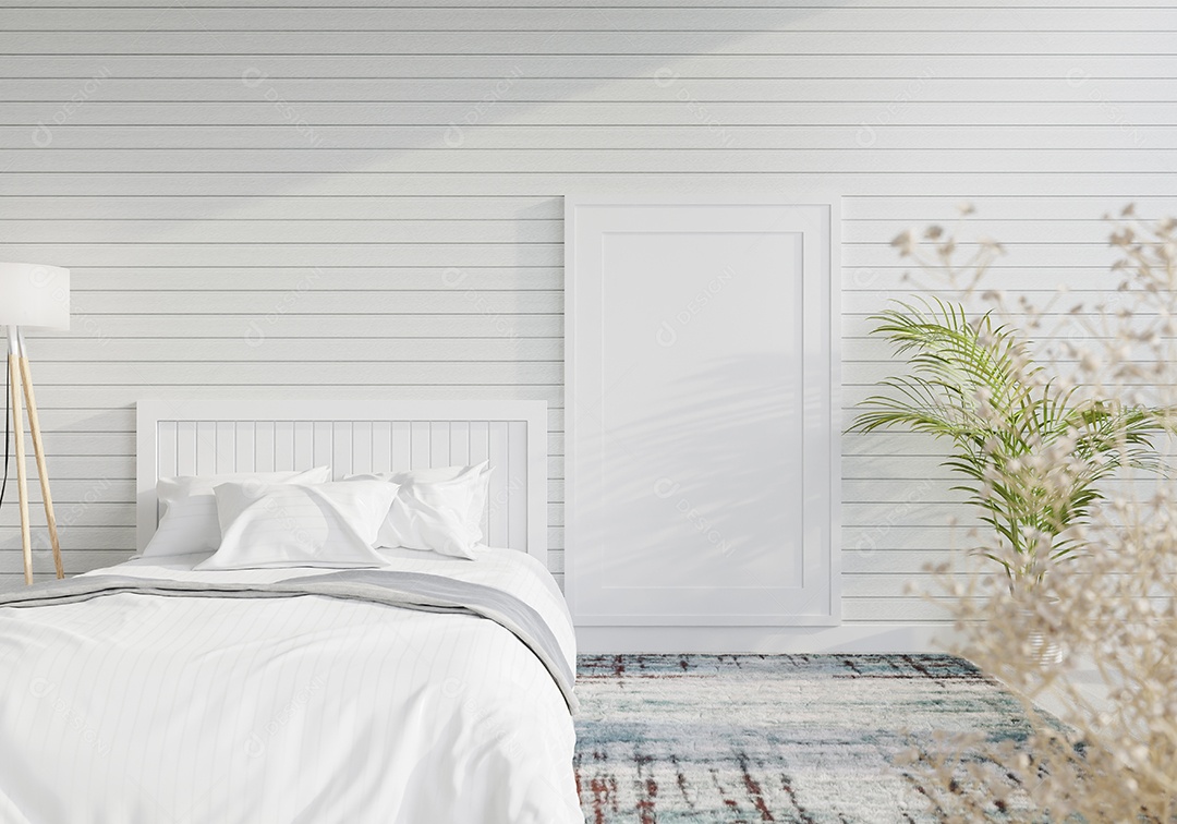 Ilustração 3D Mock up poster frame no interior do quarto, Decorado com móveis bonitos e confortáveis, Renderização