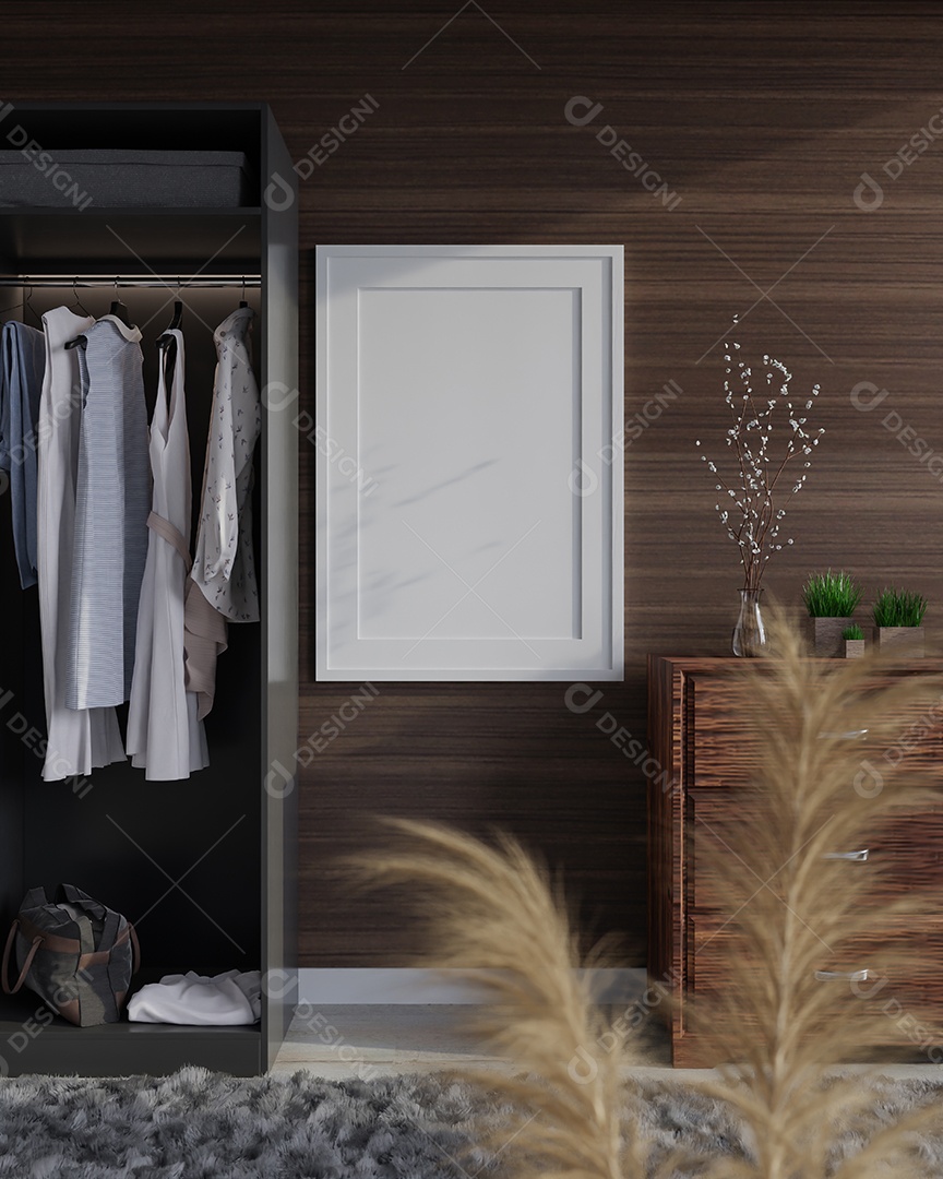 Molduras para fotos de maquete de ilustração 3D no camarim ou canto de vestir com guarda-roupa em casa, interior de estilo escandinavo e decoração de móveis e confortáveis, renderização