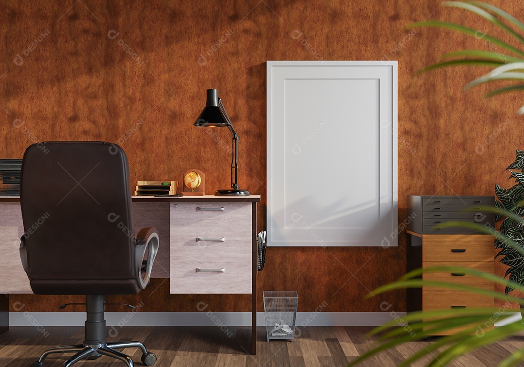 Placa em branco de maquete de ilustração 3D com moldura na parede na área de trabalho em casa, luz solar da janela, renderização