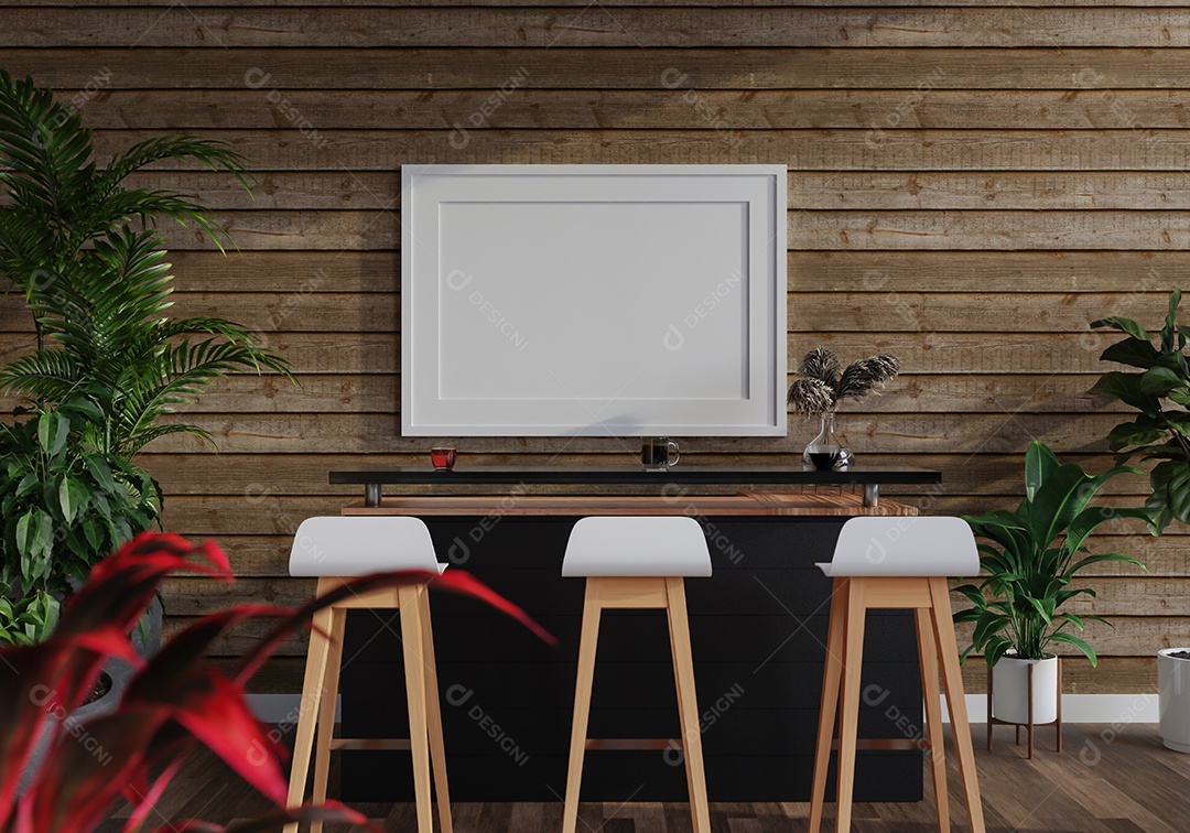 Quadro de pôster de maquete de ilustração 3D na parede do balcão com mesas e cadeiras, interior da cantina no escritório ou hotel, renderização