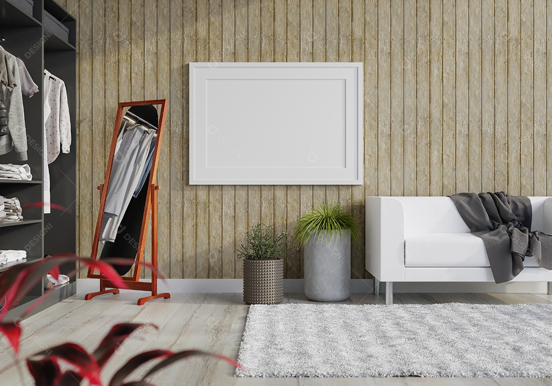 Molduras para fotos de maquete de ilustração 3D no camarim ou canto de vestir com guarda-roupa e espelho em casa, interior de estilo escandinavo e decoração de móveis e confortáveis, renderização