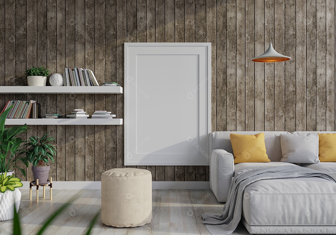 Placa em branco de maquete de ilustração 3D com moldura na parede da sala de estar, interior de estilo escandinavo com vaso de plantas e decoração natural, renderização