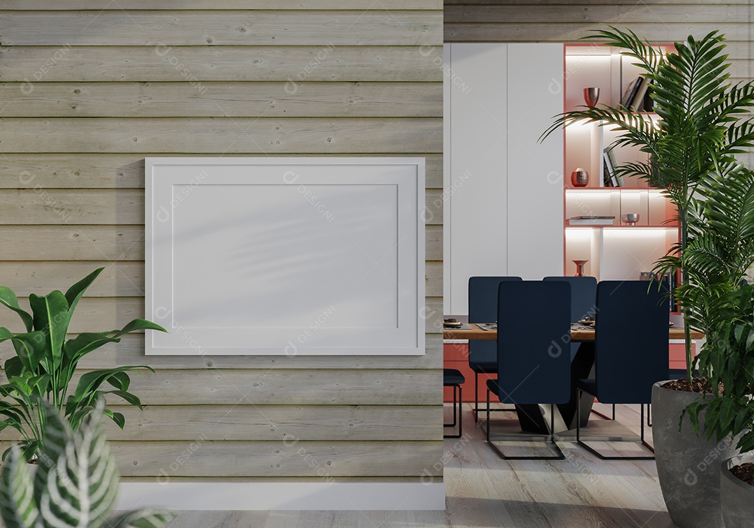 Placa grande de maquete de ilustração 3D com moldura na sala de jantar em casa ou restaurante, cores pastel interiores de estilo escandinavo