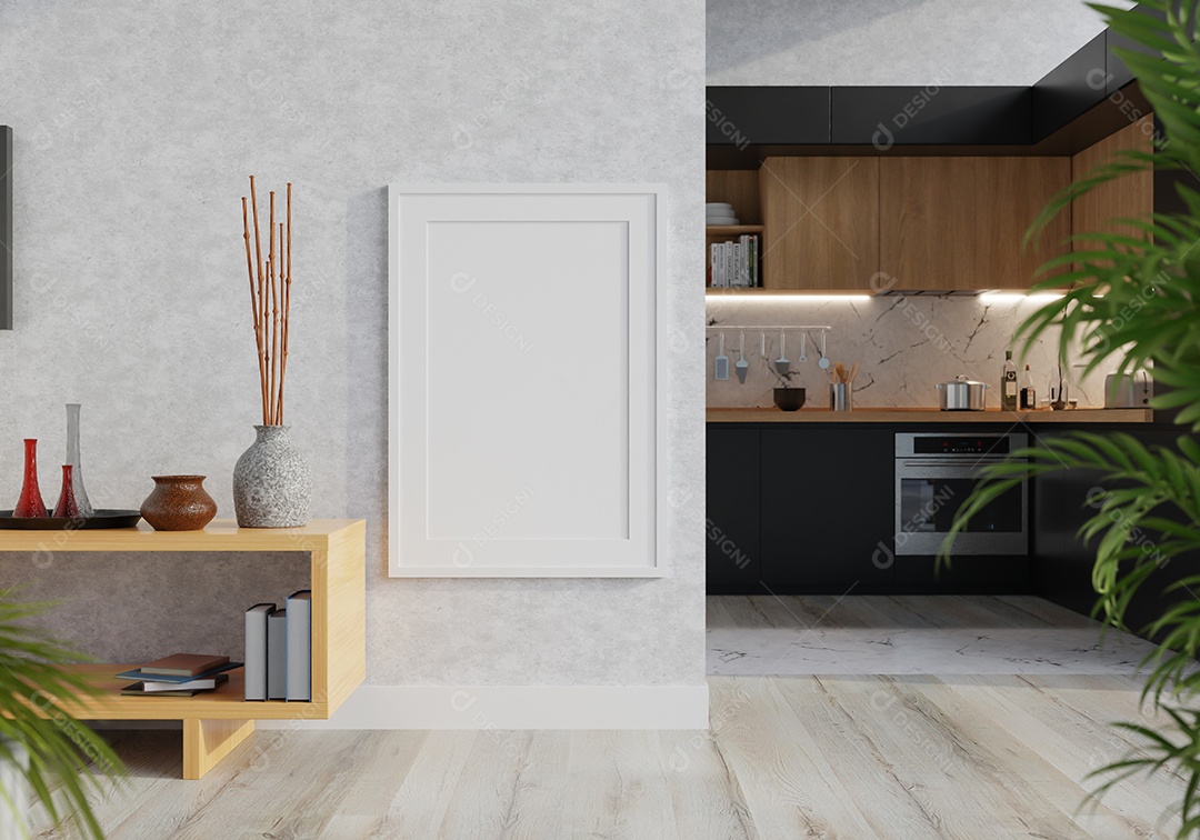 Placa grande de maquete de ilustração 3D com moldura na sala de jantar em casa ou restaurante, cores pastel interiores de estilo escandinavo