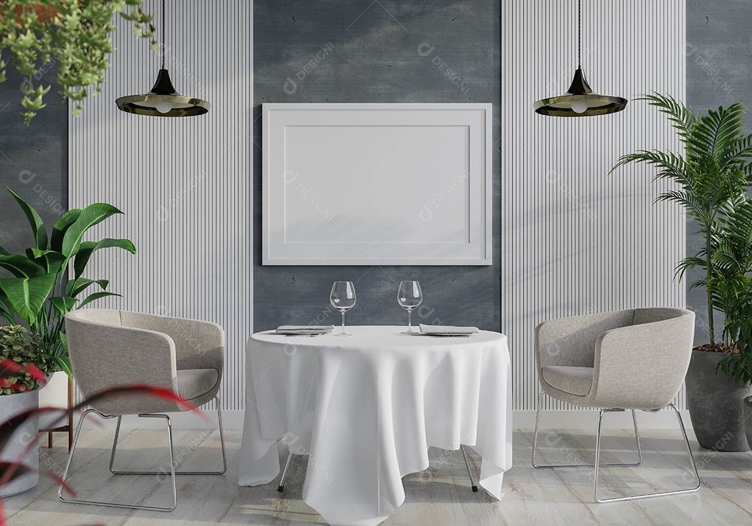 Placa grande de maquete de ilustração 3D com moldura na sala de jantar em casa ou restaurante, cores pastel interiores de estilo escandinavo