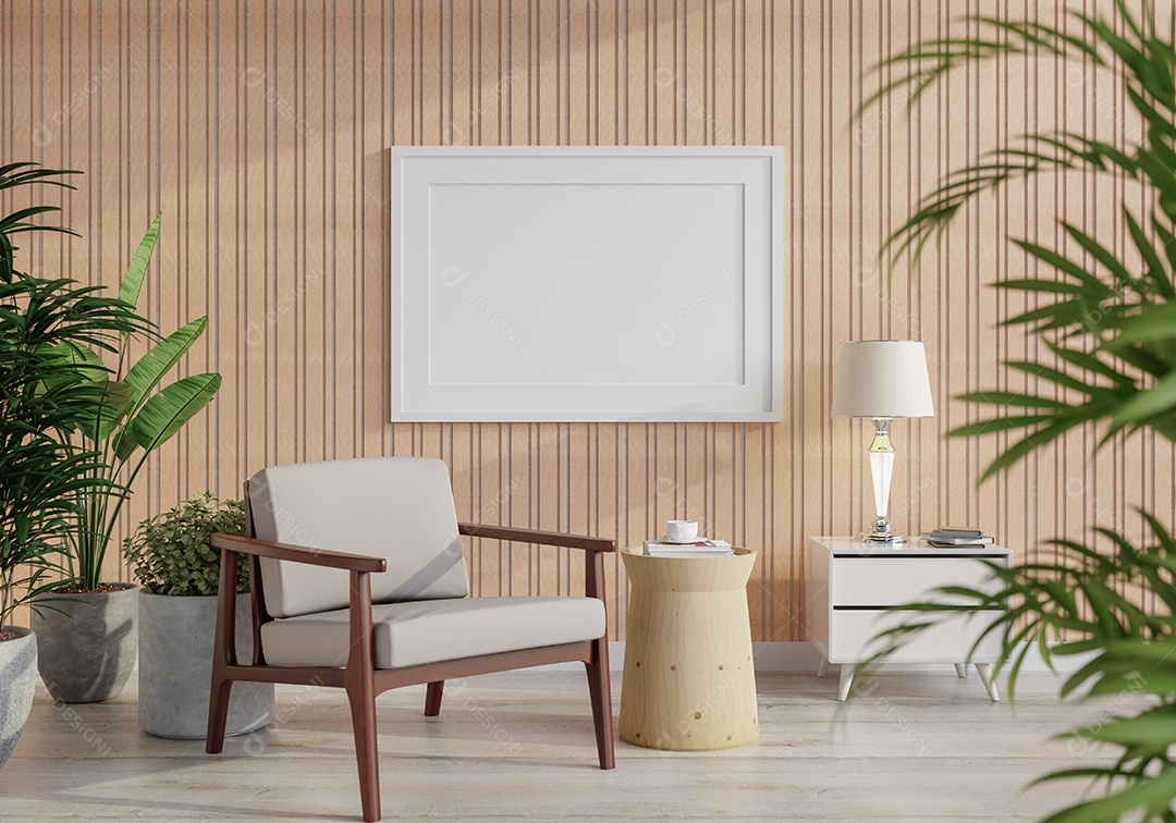 Placa em branco de maquete de ilustração 3D com moldura na parede da sala de estar, interior de estilo escandinavo com vaso de plantas e decoração natural, renderização