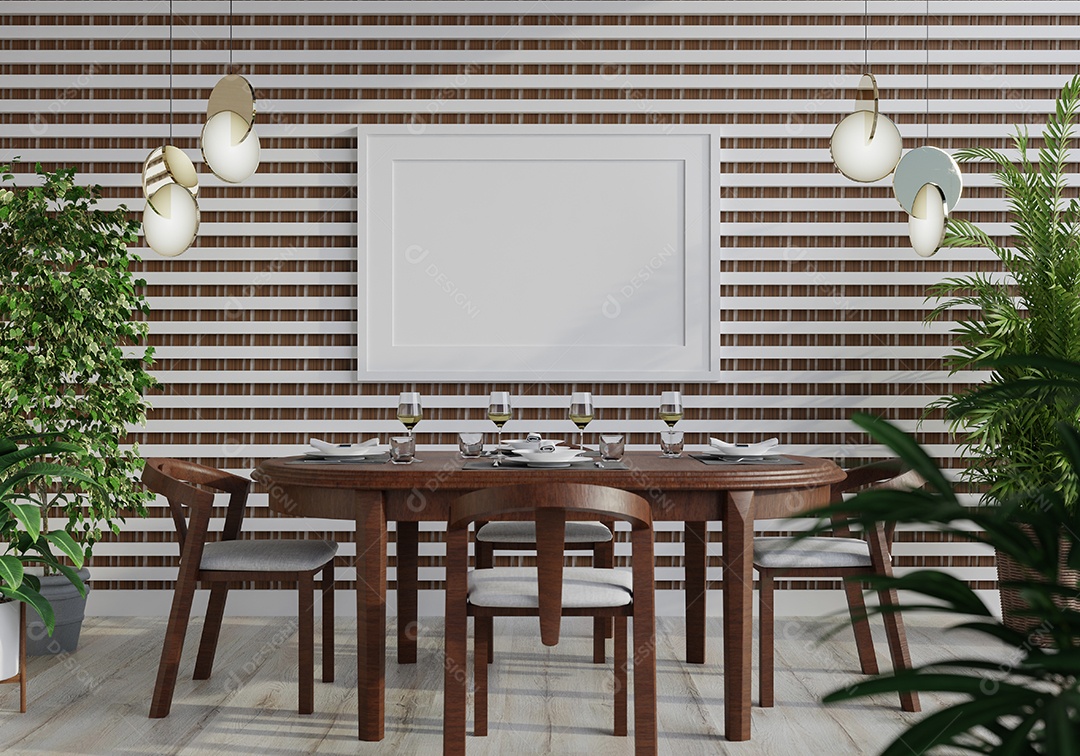 Placa grande de maquete de ilustração 3D com moldura na sala de jantar em casa ou restaurante, cores pastel interiores de estilo escandinavo