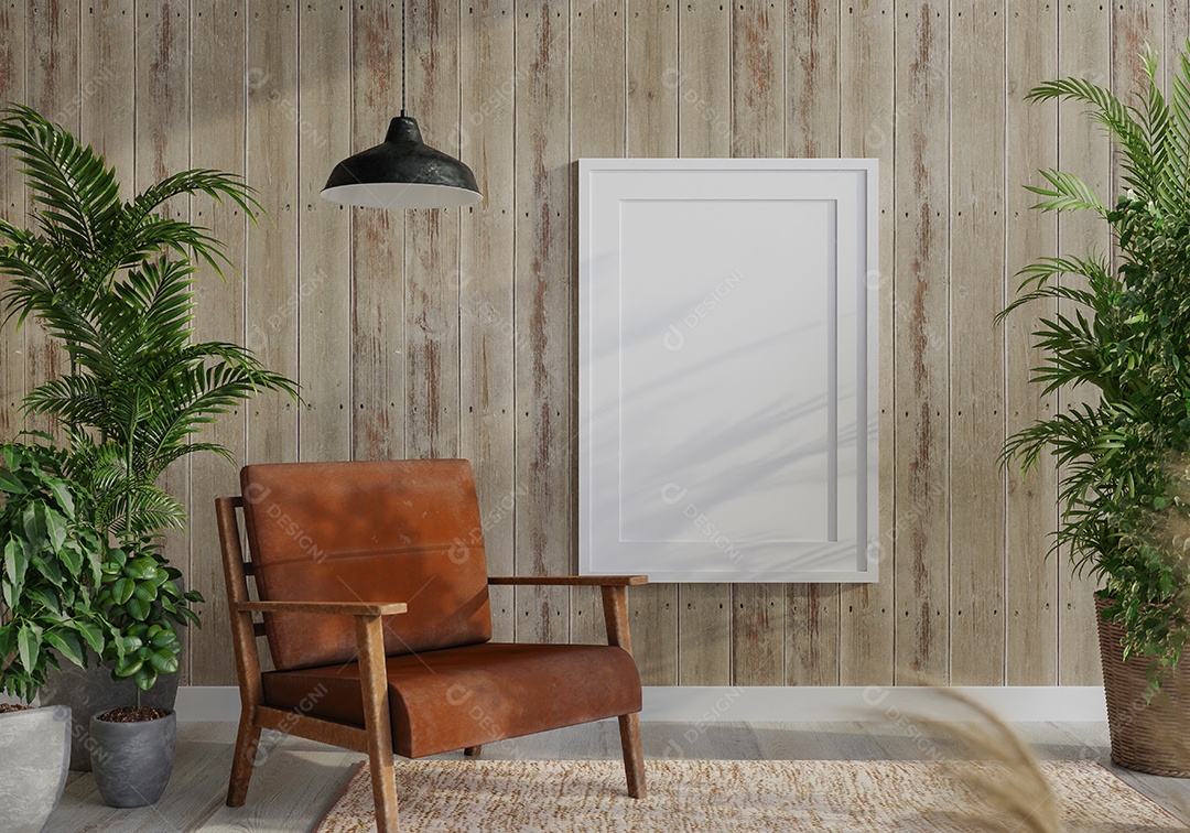 Placa em branco de maquete de ilustração 3D com moldura na parede da sala de estar, interior de estilo escandinavo com vaso de plantas e decoração natural, renderização