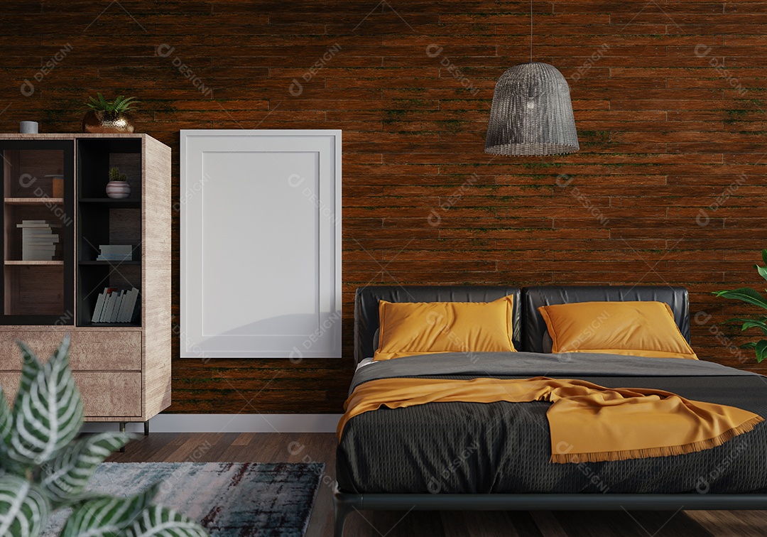 Placa em branco de maquete de ilustração 3D com moldura na parede da sala de estar, interior de estilo escandinavo com vaso de plantas e decoração natural, renderização