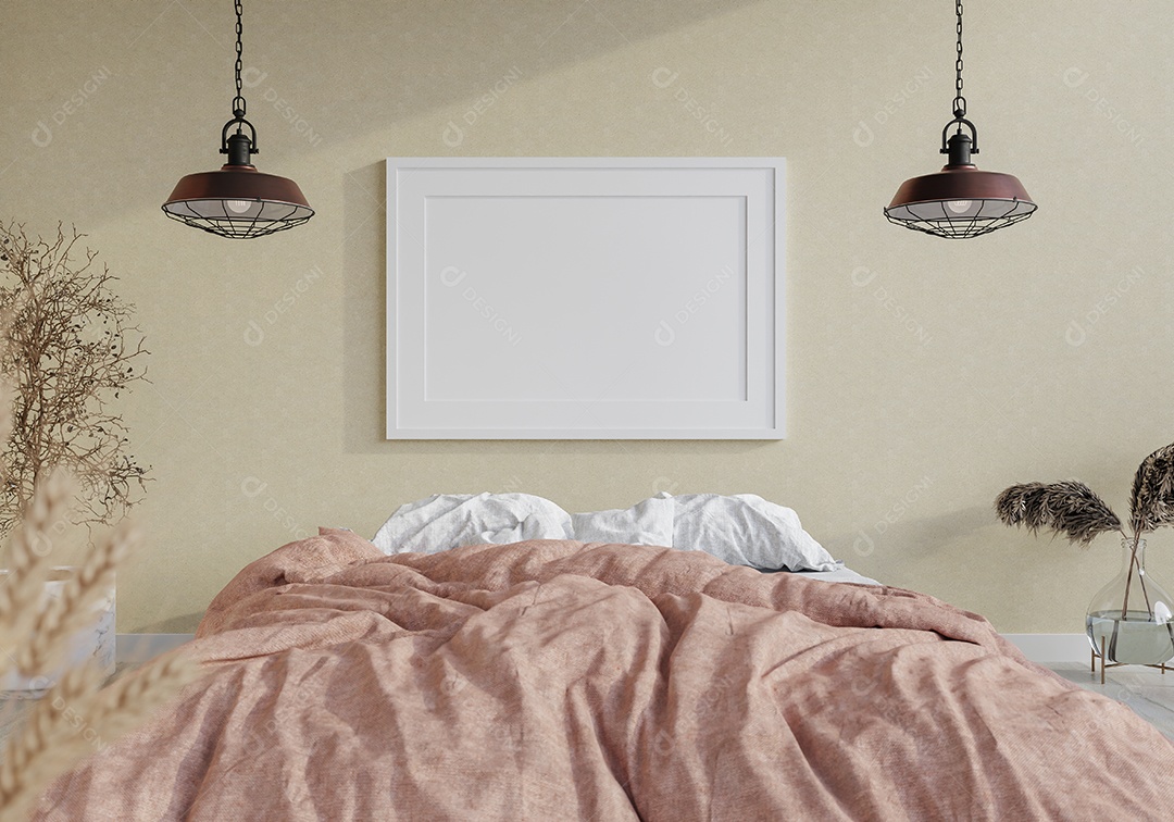 Placa em branco de maquete de ilustração 3D com moldura na parede da sala de estar, interior de estilo escandinavo com vaso de plantas e decoração natural, renderização