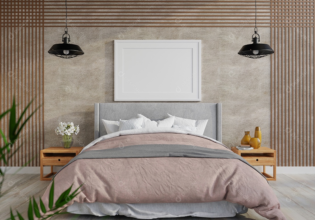 Placa em branco de maquete de ilustração 3D com moldura na parede da sala de estar, interior de estilo escandinavo com vaso de plantas e decoração natural, renderização