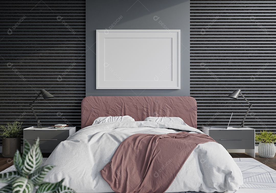 Placa em branco de maquete de ilustração 3D com moldura na parede da sala de estar, interior de estilo escandinavo com vaso de plantas e decoração natural, renderização