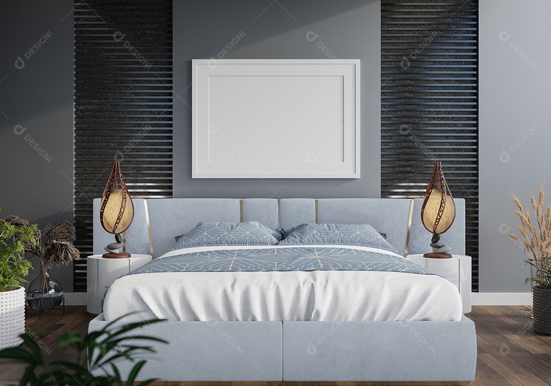 Placa em branco de maquete de ilustração 3D com moldura na parede da sala de estar, interior de estilo escandinavo com vaso de plantas e decoração natural, renderização