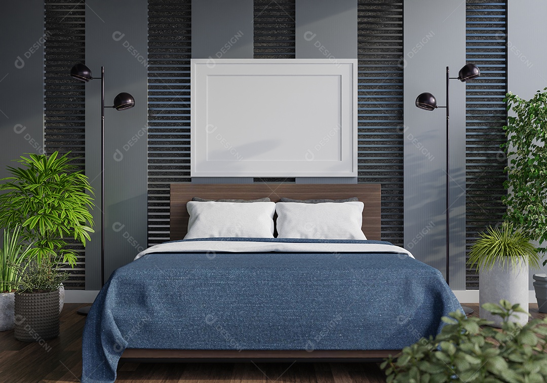 Placa em branco de maquete de ilustração 3D com moldura na parede da sala de estar, interior de estilo escandinavo com vaso de plantas e decoração natural, renderização