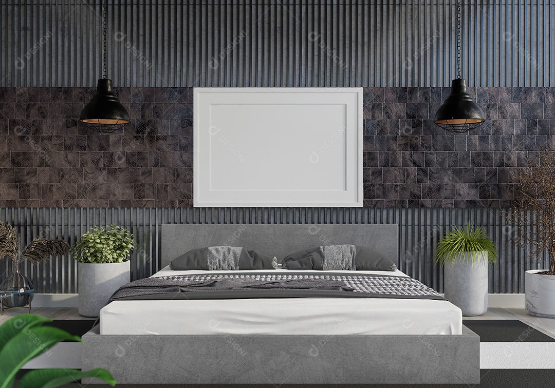 Placa em branco de maquete de ilustração 3D com moldura na parede da sala de estar, interior de estilo escandinavo com vaso de plantas e decoração natural, renderização