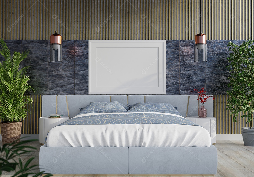 Placa em branco de maquete de ilustração 3D com moldura na parede da sala de estar, interior de estilo escandinavo com vaso de plantas e decoração natural, renderização