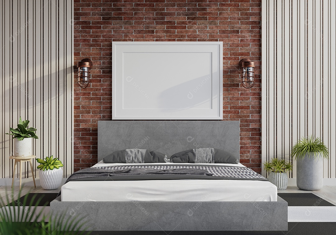 Placa em branco de maquete de ilustração 3D com moldura na parede da sala de estar, interior de estilo escandinavo com vaso de plantas e decoração natural, renderização