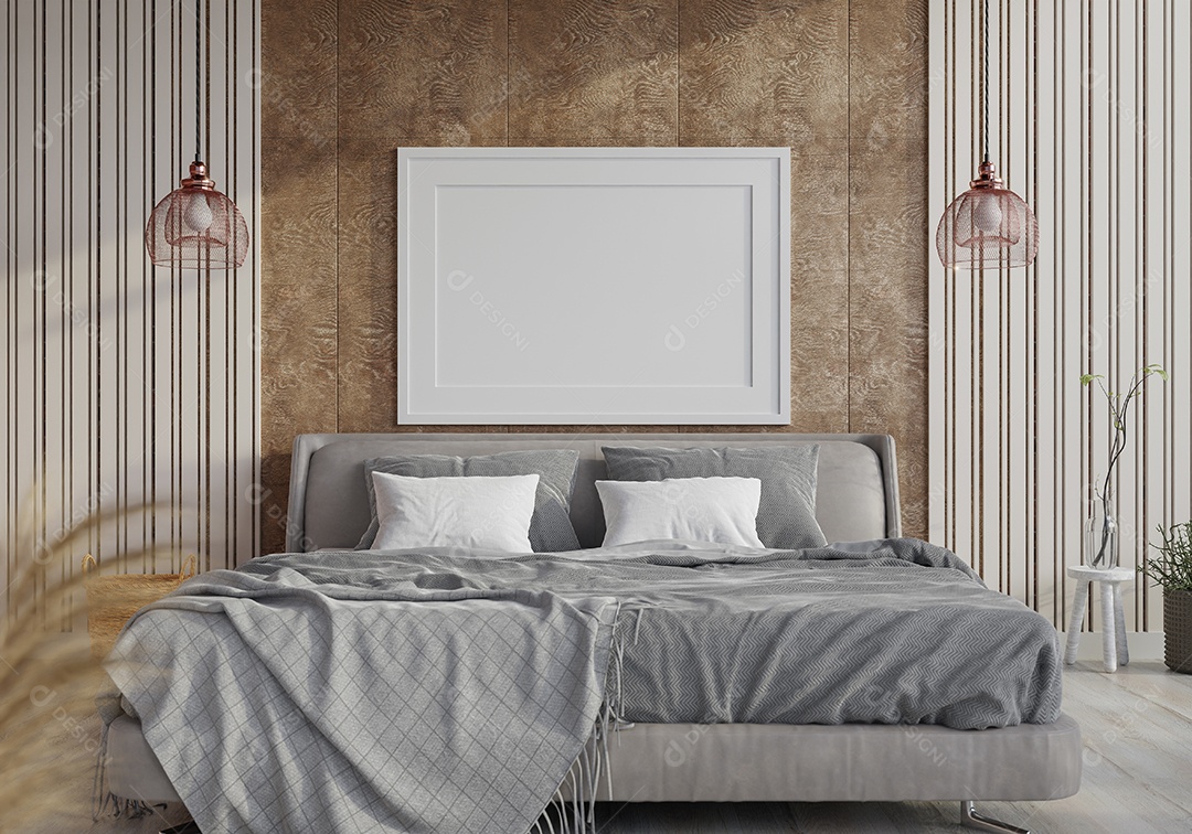 Placa em branco de maquete de ilustração 3D com moldura na parede da sala de estar, interior de estilo escandinavo com vaso de plantas e decoração natural, renderização