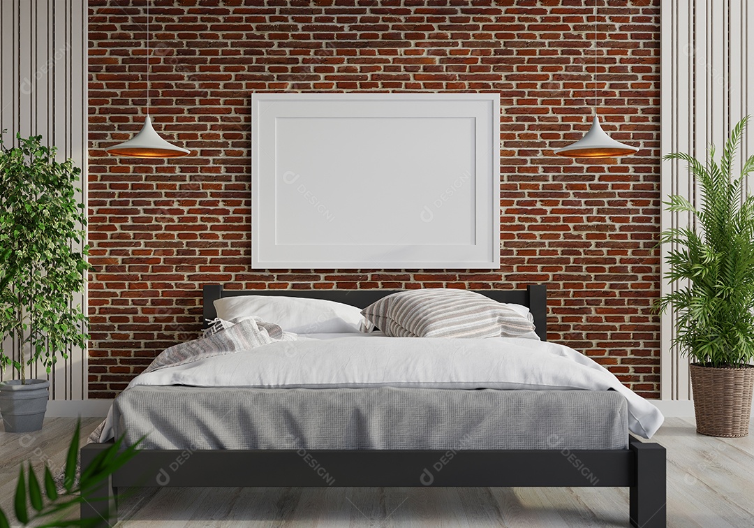 Placa em branco de maquete de ilustração 3D com moldura na parede da sala de estar, interior de estilo escandinavo com vaso de plantas e decoração natural, renderização