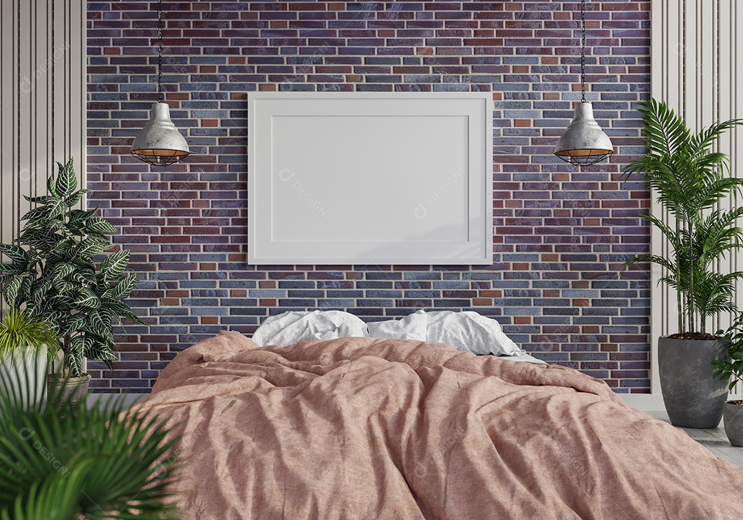 Placa em branco de maquete de ilustração 3D com moldura na parede da sala de estar, interior de estilo escandinavo com vaso de plantas e decoração natural, renderização