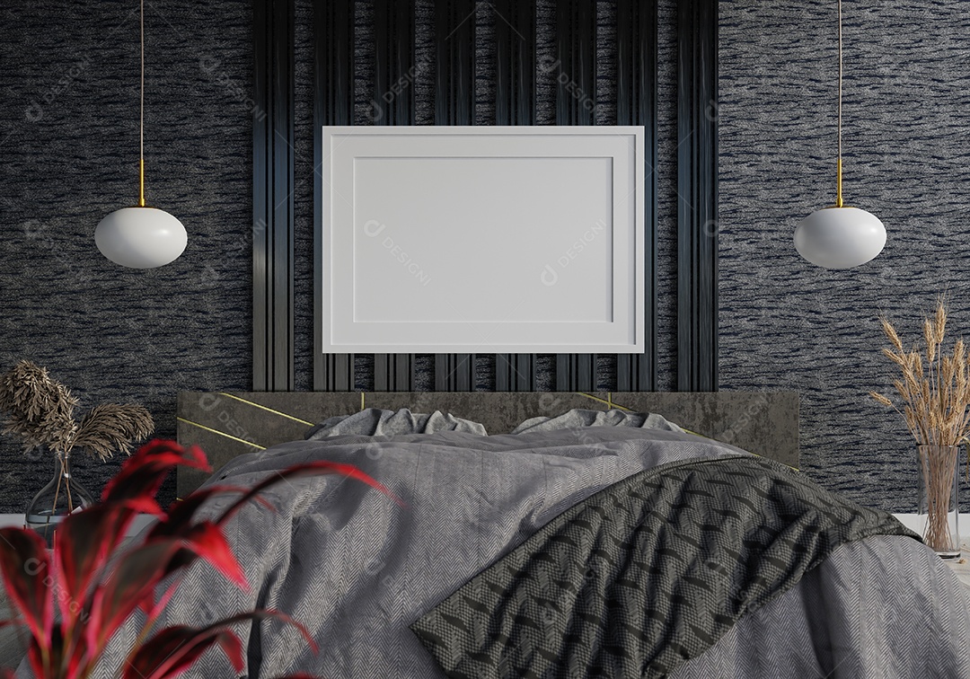 Quadro de pôster de maquete de ilustração 3D na parede do balcão com mesas e cadeiras, interior da cantina no escritório ou hotel, renderização