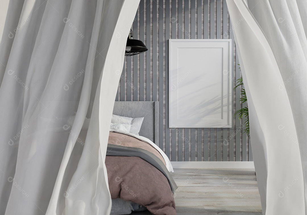 Quadro de pôster de maquete de ilustração 3D na parede do balcão com mesas e cadeiras, interior da cantina no escritório ou hotel, renderização