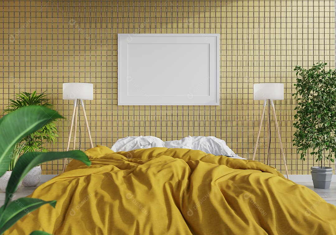 Quadro de pôster de maquete de ilustração 3D na parede do balcão com mesas e cadeiras, interior da cantina no escritório ou hotel, renderização