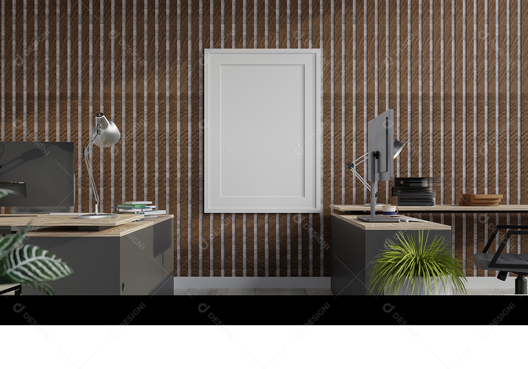 Placa em branco de maquete de ilustração 3D com moldura na parede na área de trabalho, interior de estilo escandinavo com decoração de móveis aconchegantes, renderização