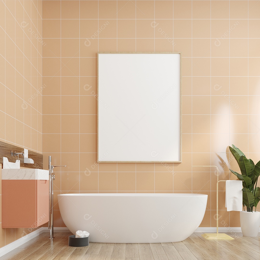 Molduras para fotos de maquete de ilustração 3D na parede de madeira sobre a banheira no banheiro perto da pia com lavatório