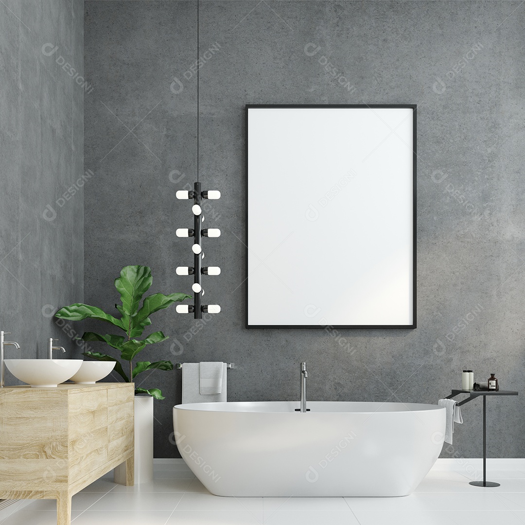 Molduras para fotos de maquete de ilustração 3D na parede de madeira sobre a banheira no banheiro perto da pia com lavatório