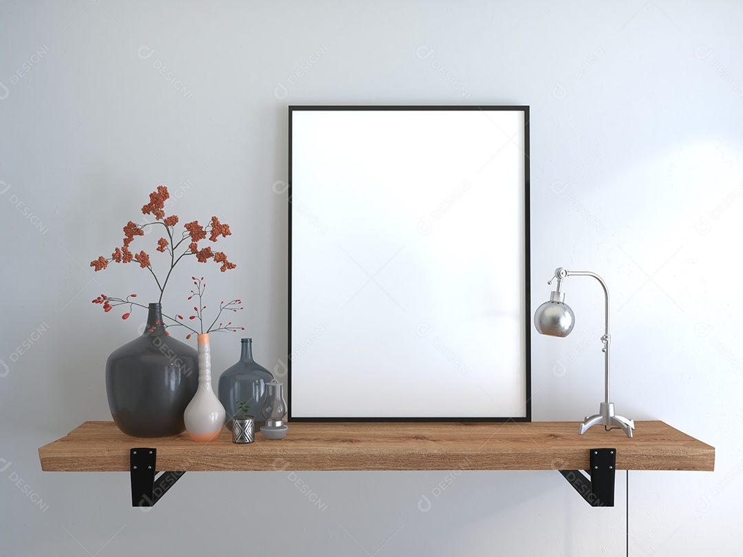 Placa em branco de maquete de ilustração 3D com moldura na parede da sala de estar, interior de estilo escandinavo com vaso de plantas e decoração natural, renderização