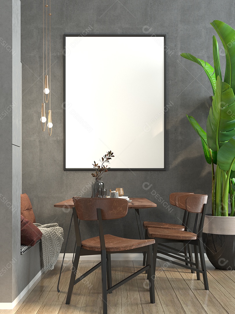 Placa em branco de maquete de ilustração 3D com moldura na parede da sala de estar, interior de estilo escandinavo com vaso de plantas e decoração natural, renderização