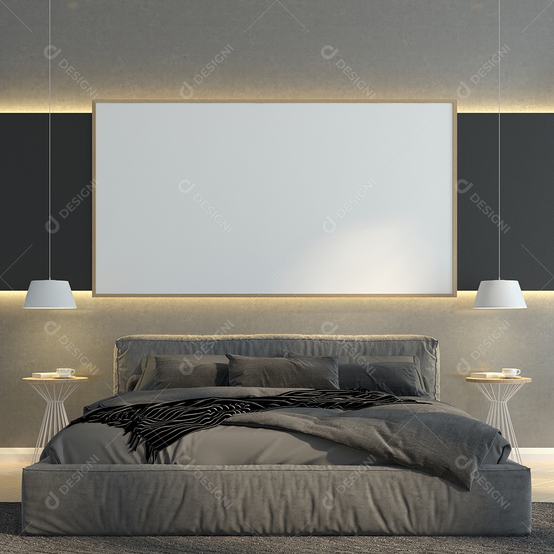 Placa em branco de maquete de ilustração 3D com moldura na parede da sala de estar, interior de estilo escandinavo com vaso de plantas e decoração natural, renderização