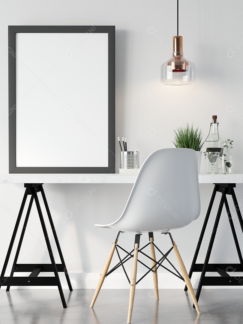 Placa em branco de maquete de ilustração 3D com moldura na parede na área de trabalho em casa, interior de estilo escandinavo