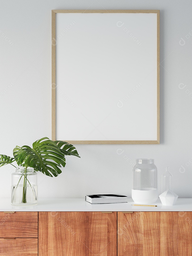 Placa em branco de maquete de ilustração 3D com moldura na parede da sala de estar, interior de estilo escandinavo com vaso de plantas e decoração natural, renderização