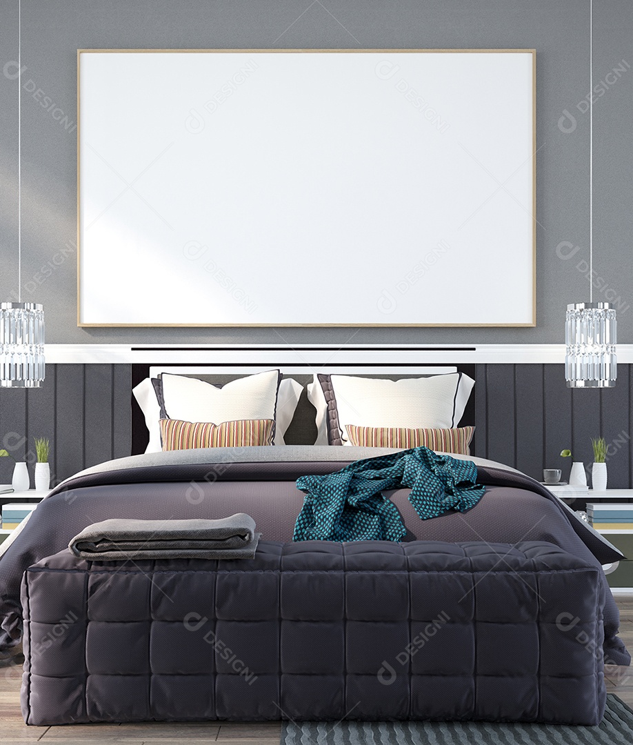 Placa em branco de maquete de ilustração 3D com moldura na parede da sala de estar, interior de estilo escandinavo com vaso de plantas e decoração natural, renderização