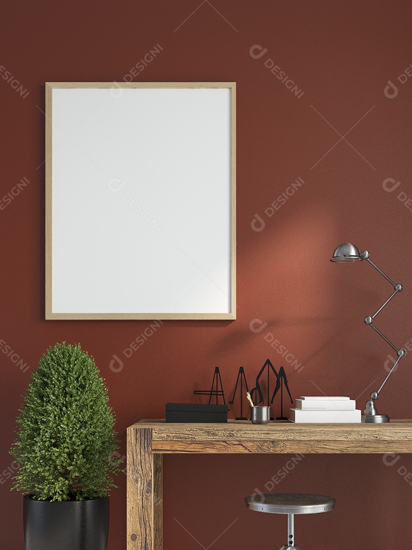 Placa em branco de maquete de ilustração 3D com moldura na parede na área de trabalho em casa, interior de estilo escandinavo com móveis aconchegantes