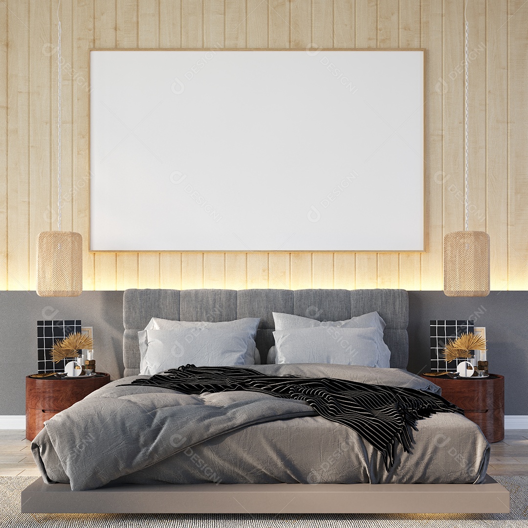 Placa em branco de maquete de ilustração 3D com moldura na parede na área de trabalho em casa, interior de estilo escandinavo com móveis aconchegantes e plantas em decoração natural, renderização