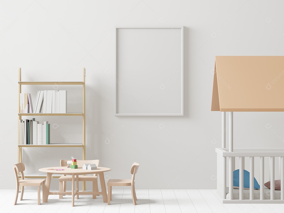 Molduras para fotos de maquete de ilustração 3D no quarto das crianças ou no quarto do berçário, cores pastel interiores de estilo escandinavo