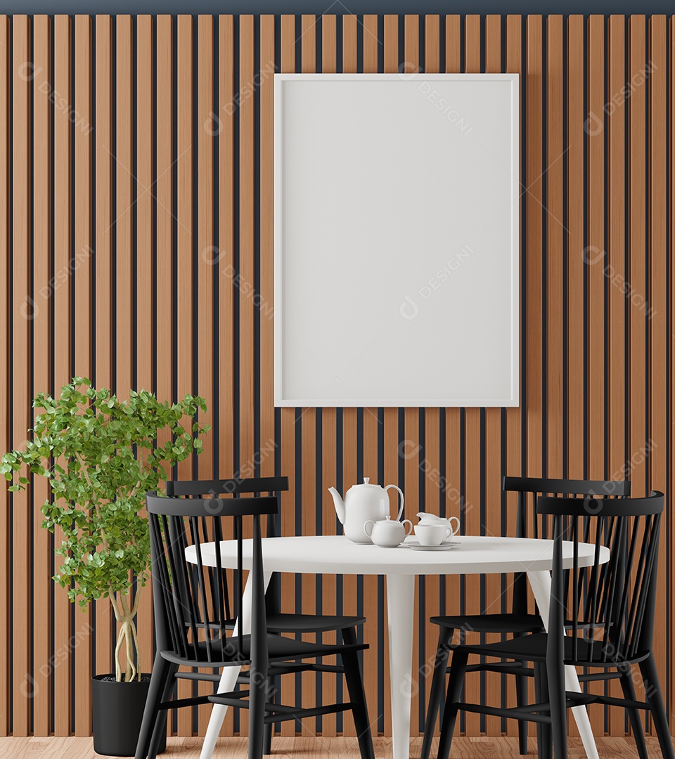 Placa grande de maquete de ilustração 3D com moldura na sala de jantar em casa ou restaurante, cores pastel interiores de estilo escandinavo