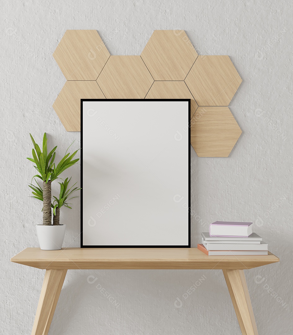 Placa em branco de maquete de ilustração 3D com moldura na mesa na área de trabalho, interior de estilo escandinavo