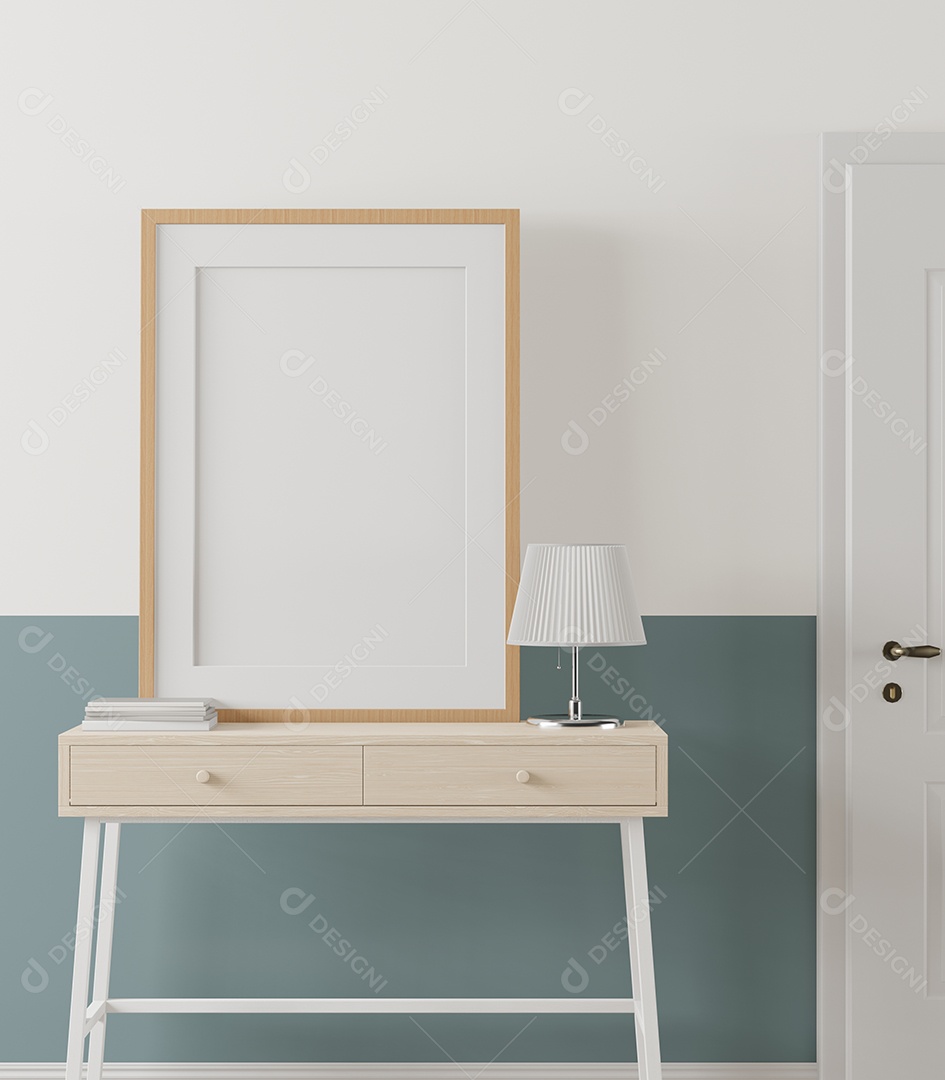 Placa em branco de maquete de ilustração 3D com moldura na parede na área de trabalho em casa, interior de estilo escandinavo