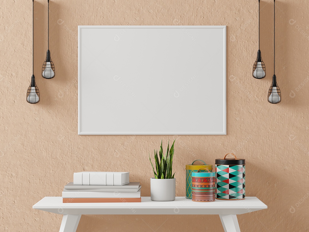 Placa em branco de maquete de ilustração 3D com moldura na parede na área de trabalho em casa, interior de estilo escandinavo