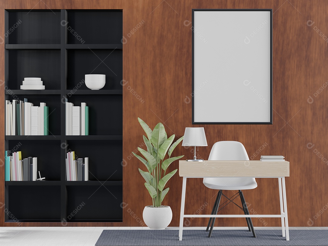 Placa em branco de maquete de ilustração 3D com moldura na parede na área de trabalho, interior de estilo escandinavo com móveis aconchegantes